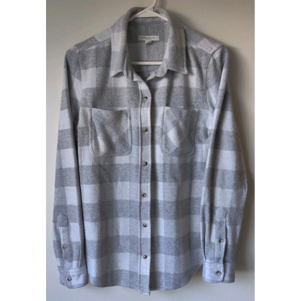 Beachlunchlounge Sally Brushed Flannel Shirt Grey/Cream Plaid Pockets Size Small